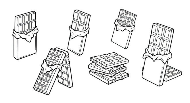 Open and wrapped chocolate bars with square pattern and stacked pieces in outline drawing style for packaging and sweet treats