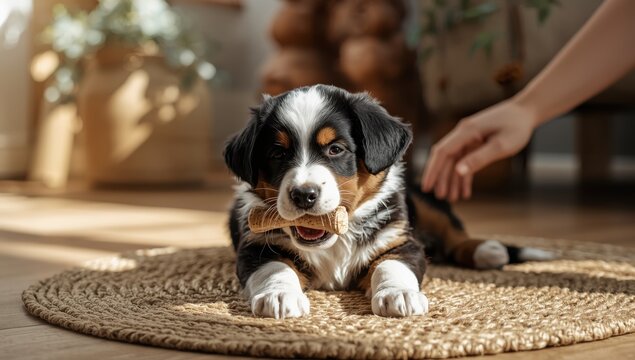 Charming tricolor puppy gnawing on a bone atop a natural jute rug in a cozy home setting.