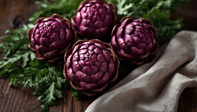 Close-up of purple raw romanesco artichokes on a dark table. Fresh produce from the farmer's market, prepared for cooking on a linen napkin. Ingredient for Italian cuisine.