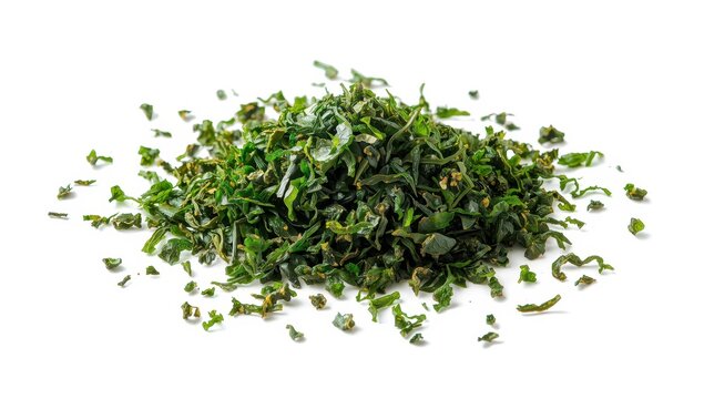 Isolated Nori Flakes. Dried Aonori, seaweed crumbles, and Furikake on a white backdrop.