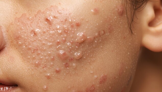Closeup of skin issues. Acne treatment and care. Scars, pores, and blemishes. Natural skincare concept.