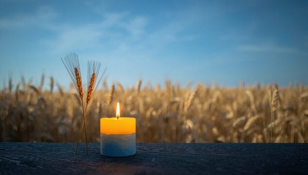 A candle and two wheat stalks in yellow and blue, representing the Ukrainian flag, set against a wheat field. The wheat and flame honor the victims of the Holodomor in 1932-1933.