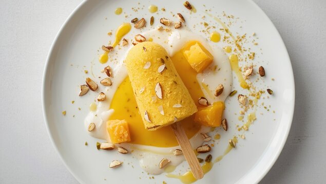 Saffron pistachio kulfi, a classic Indian treat, prepared and served. Overhead shot, empty area.
