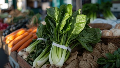 Obraz premium Organic bok choy wrapped in white tape, showcased at a market, ideal for healthy dishes, vegan meals, and Asian recipes.
