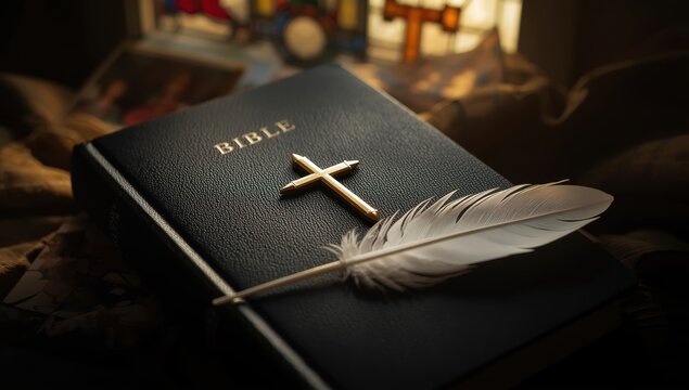ancient ledger, family scripture with dark binding, gilded cross, quill, idea of mediator between divine and earthly, timeless Christian principles, collective faith unity