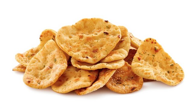 Isolated pile of pita chips, small crunchy wheat tortillas seasoned with herbs and spices, spicy Mediterranean snack on white backdrop.