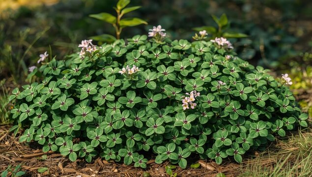 Oxalis deppei 'Iron Cross' is a bushy ground cover featuring four-leaved wood-sorrel, small pale pink flowers, and green leaves with a purple-brown center.