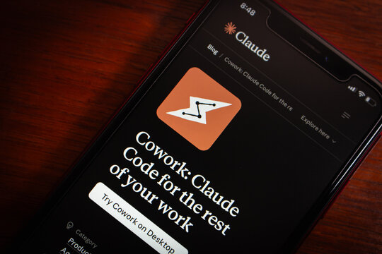 Quito, ECUADOR - Mar 9 2026 : Claude blog page announcing Cowork, described as Claude Code for the rest of your work, with the Cowork app icon and a "Try Cowork on Desktop" button visible.