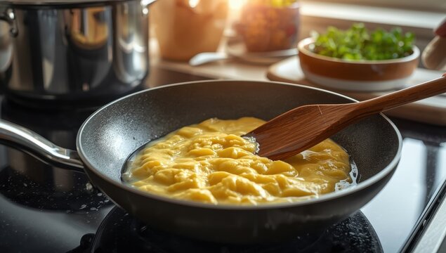 Detailed view of scrambled eggs frying in a pan, stirred with a wooden spatula, amidst various kitchen tools. Ideal for breakfast and culinary topics.