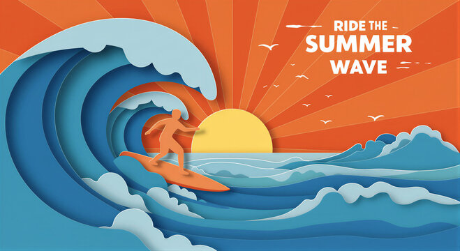 Vibrant paper cut style illustration of a surfer riding a giant ocean wave at sunset for a dynamic summer vacation concept and outdoor adventure