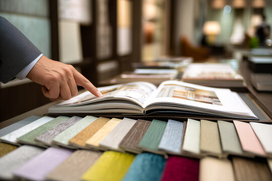 Interior designer pointing at an open catalog with various fabric and wallpaper samples in a showroom. Professional choosing materials for home renovation and decoration project