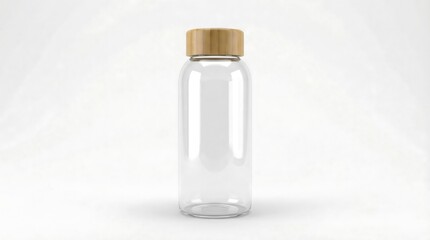 Naklejka premium Clear Glass Water Bottle with Bamboo Lid on White Background