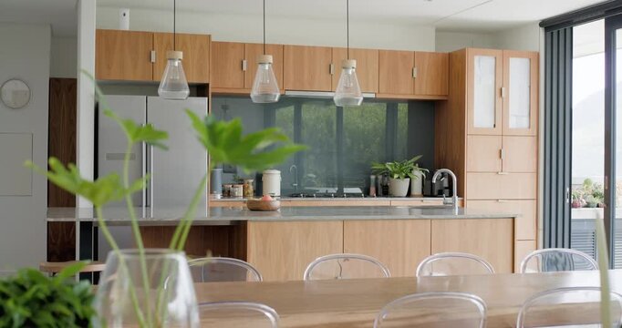 Steady camera moving right, showcasing wooden cabinets, stone counter, sink, glass door and plants