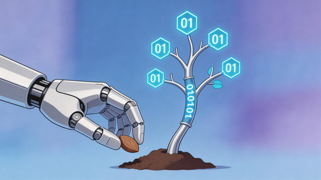 Robotic Hand Planting Seed with Digital Binary Tree | AI and Technology Growth Concept | Futuristic Human-Machine Collaboration Illustration
