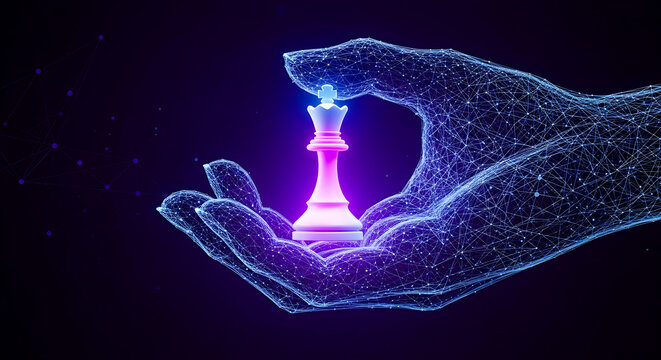 A futuristic wireframe hand delicately holding a luminous, vibrant chess queen piece, symbolizing strategic thinking, artificial intelligence, and digital dominance in complex decision-making processe