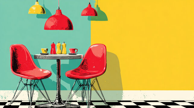 Retro Diner Scene with Red Chairs and Colorful Walls.
