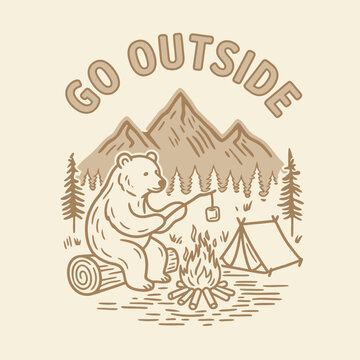 Brown bear sitting by campfire cooking.