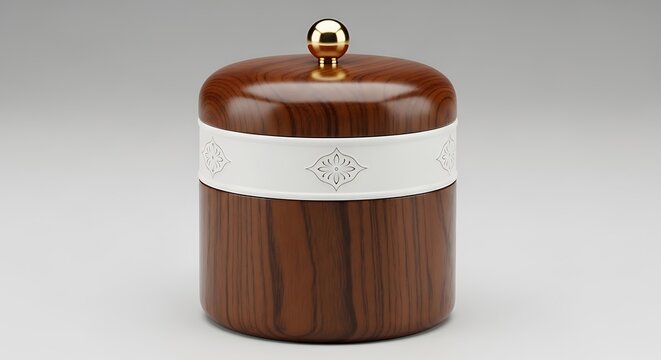 A detailed, wooden, cylindrical container with a white band, gold knob, on a white gradient