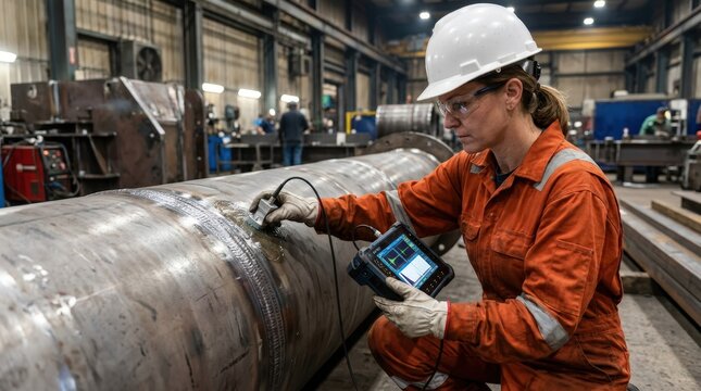 Skilled inspector operates a digital scanner for precise ultrasonic testing on welded joints ensuring safety standards in manufacturing.