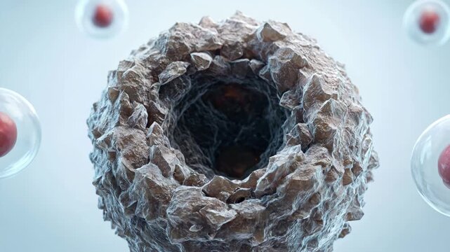 Slow motion footage of a microscopic organic cell cavity with textured surface and red blood cells floating in the background for medical research and scientific visualization.