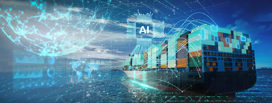 cargo ship with AI technology and big data analytics. Digital neural network and circuit overlays represent smart maritime logistics and global supply chain management