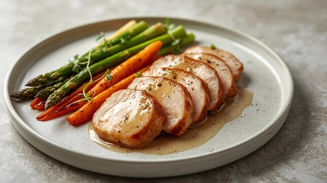A premium food photograph of thick-cut turkey medallions glazed with a light citrus reduction, showcasing a moist, juicy interior with subtle caramelization on the edges.