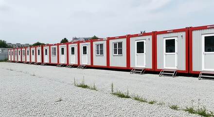 Obraz premium A long row of modular temporary buildings with doors, windows, and red trim, on gravel