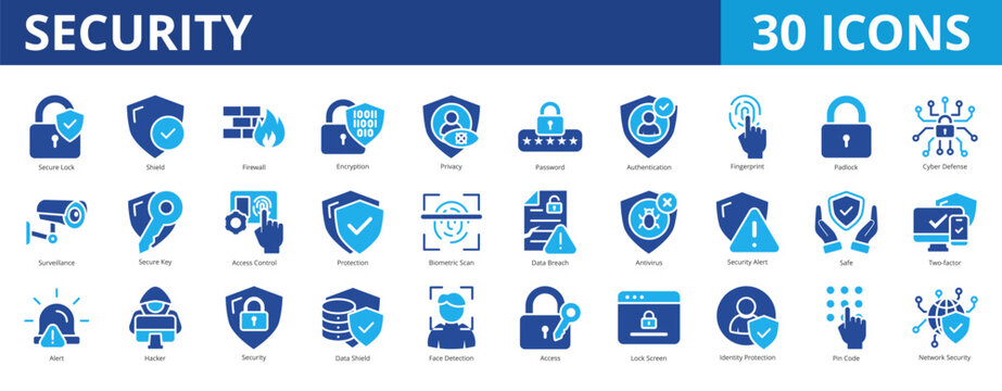 Security icon set collection pack for network and cybersecurity protection. With secure, firewall, encryption, privacy, authentication, protection, 2fa, internet, biometric, scan, and antivirus icon