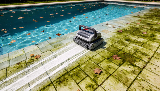 Autonomous robotic pool cleaner scrubbing green algae from the bottom of a dirty swimming pool leaving a clean white path through the grime and autumn leaves