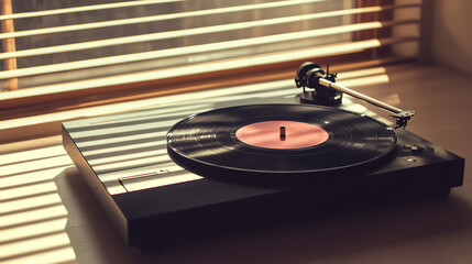 Obraz premium A vintage turntable playing a vinyl record, capturing a nostalgic ambiance in a sunlit room.