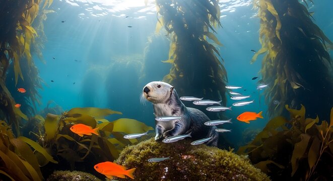 A sea otter rests among kelp, surrounded by colorful fish and a school of silversides