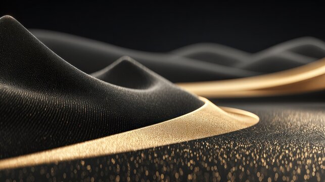 Elegant undulating fabric structures display luxurious black texture accented with shimmering gold detailing
