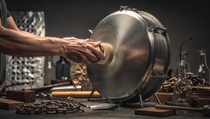 Obraz premium Focused medium shot of hands striking a metal drum for impact sounds surrounded by outoffocus Foley props.