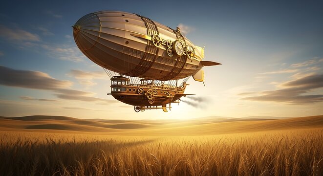 A steampunk airship floats over a golden wheat field at sunset under a partly cloudy sky