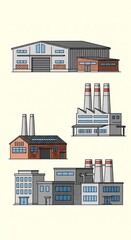 Fototapeta premium Collection of industrial building illustrations; various factory styles presented with a cartoonish and illustrative aesthetic