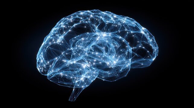 Glowing digital representation of the human cerebrum structure illuminates against a dark background