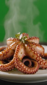 Steamed octopus tentacles on a white plate with herbs