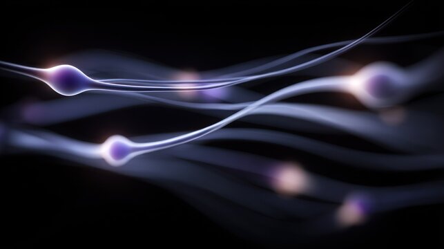 Bioluminescent nerve fibers transmit impulses across a dark, abstract background