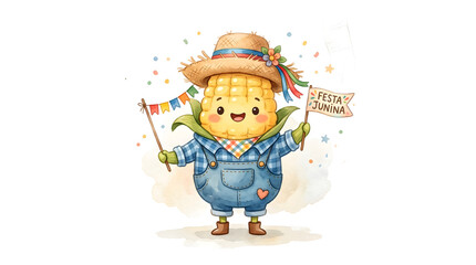Fototapeta premium Corn character in the style of a June Festival, watercolor illustration on a white background.