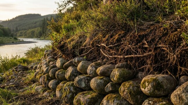 Rounded riprap stones supporting a riverbank beneath living roots and shrubs, depicting streamside stabilization, scour resistance, sediment reduction, and ecological erosion defense strategy