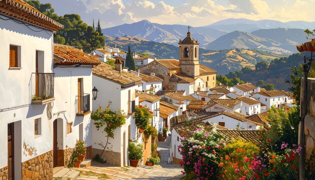 A serene Mediterranean village nestled between mountains and flowers