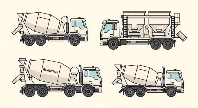 Four flat, line-art illustrations of heavy-duty construction vehicles on a light-colored background. Includes cement mixers and a silo truck