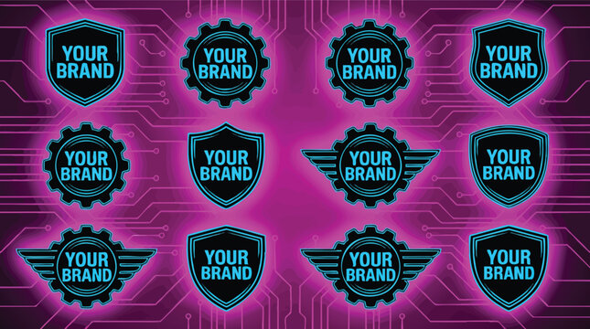 Collection of futuristic neon logo templates with shields and gears on a glowing purple circuit board background for tech branding.