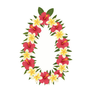 Flat illustration of a traditional Hawaiian lei wreath featuring red hibiscus flowers and white plumeria with yellow centers and green leaves on a white background.