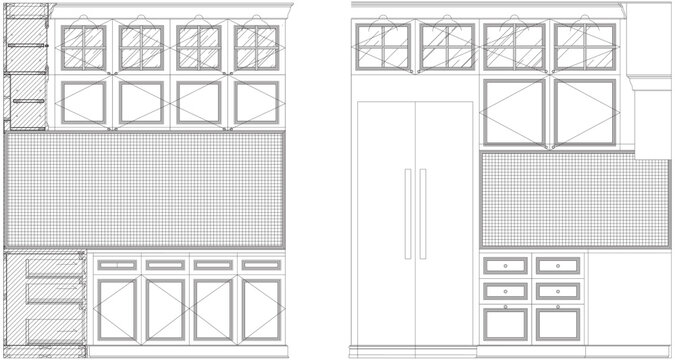 Classic Kitchen Cabinet Elevation Blueprint Design Interior Furniture Line Art Detailed Drawing Design Concept for Architecture and Home Decor