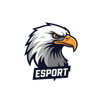 Vector esport mascot logo of a bald eagle head profile with white feathers, yellow beak, and intense eyes, featuring the word esport on a dark badge below the illustration.