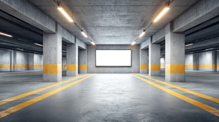 Naklejka premium Empty Concrete Parking Garage Interior with Bright Overhead Lights and Yellow Safety Lines