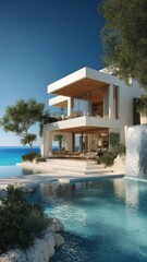 Obraz premium Luxurious modern villa with infinity pool and ocean view, architectural masterpiece designed for relaxation and upscale living.