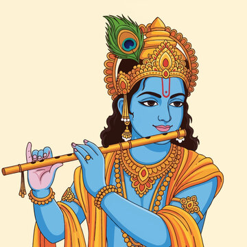 Vector illustration of Lord Krishna with blue skin playing a flute, wearing an ornate golden crown with a peacock feather and traditional jewelry against a solid light background.