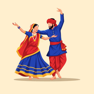 Flat vector illustration of an Indian couple in traditional attire performing a folk dance. Woman in red and blue lehenga, man in blue kurta with red turban and dhoti pants.
